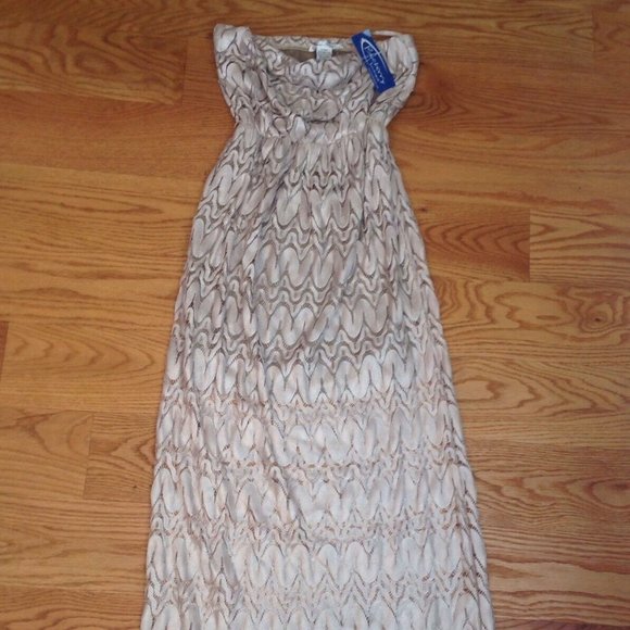 SANS SOUCI STRAPLESS SHEER LACE MAXI DRESS WOMENS S BEIGE LINED POLYESTER BOHO - Picture 5 of 12